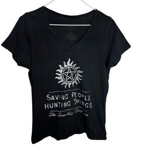 Supernatural black v neck flaming pentagram graphic T shirt